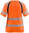 Orange kortärmad tröja med reflekterande band och svart detalj på axlarna, märkt "BLÅKLÄDER" på ryggen.