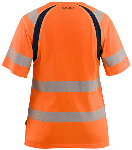 Orange kortärmad tröja med reflekterande band och svart detalj på axlarna, märkt "BLÅKLÄDER" på ryggen.