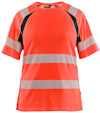 Orange och svart t-shirt med reflexband över axlar och bröst.