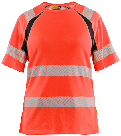 Orange och svart t-shirt med reflexband över axlar och bröst.