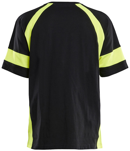 Svart T-shirt med neongula detaljer på ärmar och sidor.