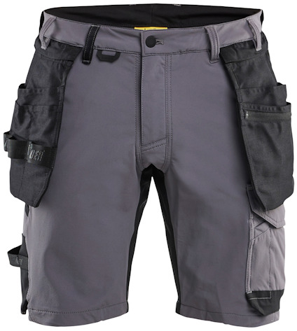 Grå/svarta arbetsshorts med flera fickor och bältesöglor.