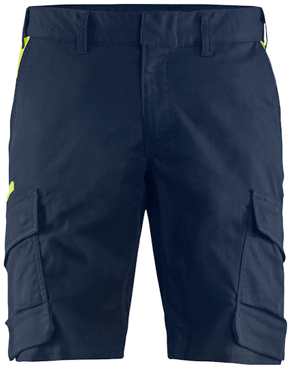 Mörkblå arbetsshorts med gula detaljer på fickorna, flera benfickor och bältesöglor.