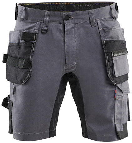 Grå arbetsshorts med svarta förstärkningar, flera fickor och bältesöglor.