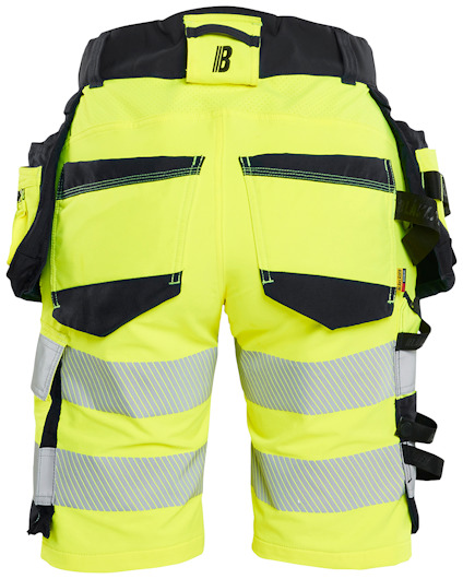 Gula arbetsshorts med svarta fickor och reflexband.