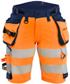 Arbetsbyxor i orange och marinblå med reflexband och flera fickor.