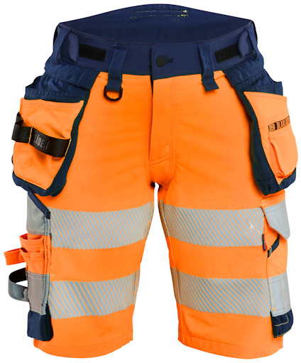 Arbetsbyxor i orange och marinblå med reflexband och flera fickor.