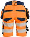 Orange och blå arbetsbyxor med reflexband och flera fickor, sedd bakifrån.