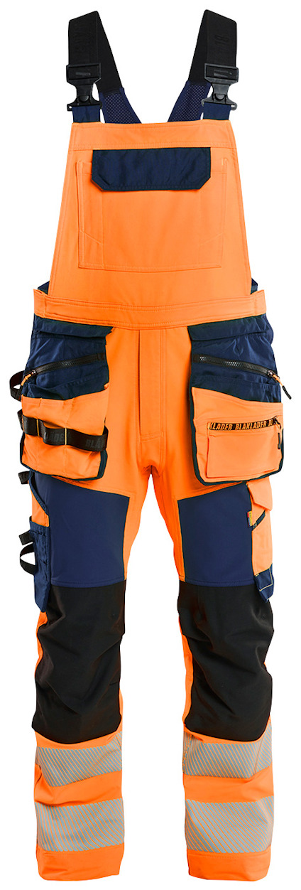 Orange och marinblå hängselbyxa med flera fickor och justerbara remmar.