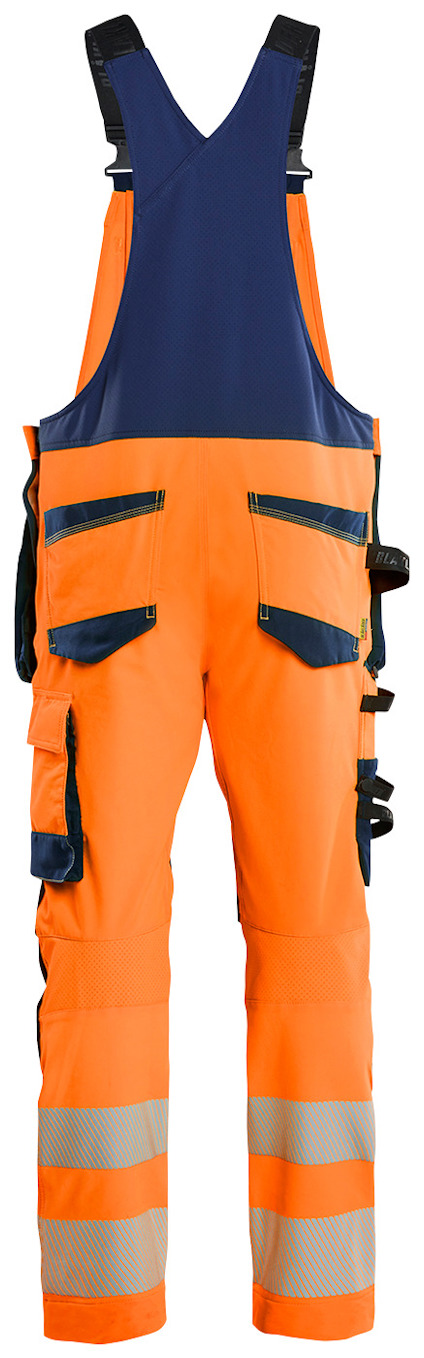 Orange och blå arbetshängselbyxor med flera fickor och reflexdetaljer.