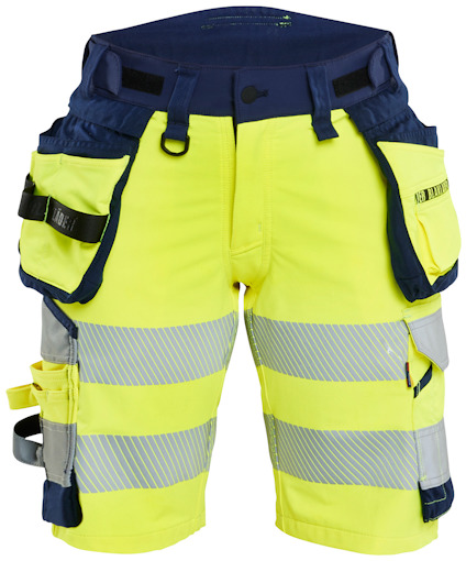 Gula och marinblå arbetsshorts med flera fickor och reflexdetaljer.