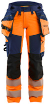 Orange och marinblå byxa med reflexdetaljer och flera fickor.