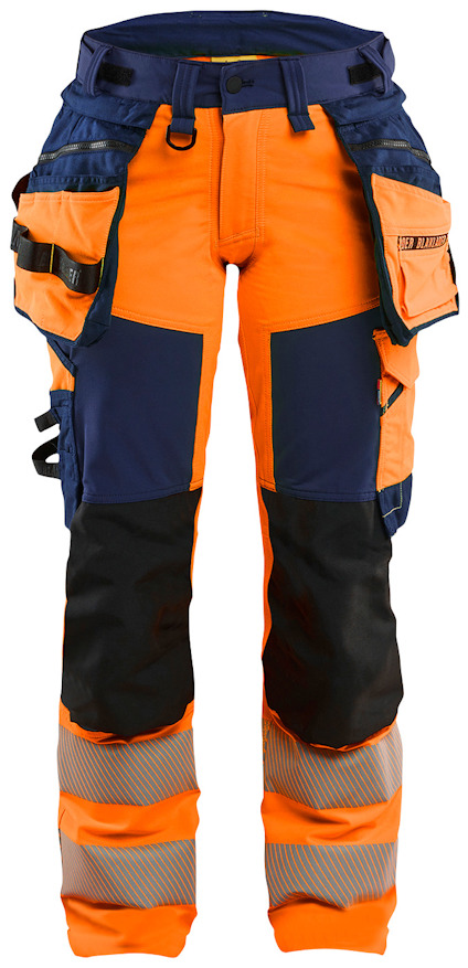 Orange och marinblå byxa med reflexdetaljer och flera fickor.