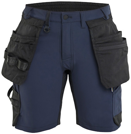 Mörkblå och svarta shorts med flera fickor och bälteshällor, designade för praktisk användning.