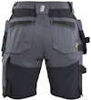 Grå shorts med svarta detaljer och flera fickor, sedd bakifrån, med elastiskt midjeband och hällor.