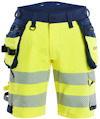 Kort arbetsbyxa i gul och marinblå med reflexband och flera fickor.