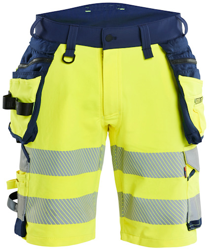 Kort arbetsbyxa i gul och marinblå med reflexband och flera fickor.