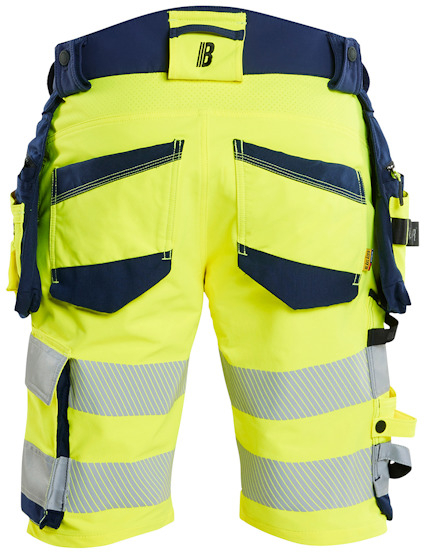 Gula och blå arbetsbyxor med reflexband och flera fickor, set bakifrån.
