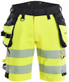 Gul och svart arbetsshorts med reflekterande detaljer och flera fickor samt hällor.