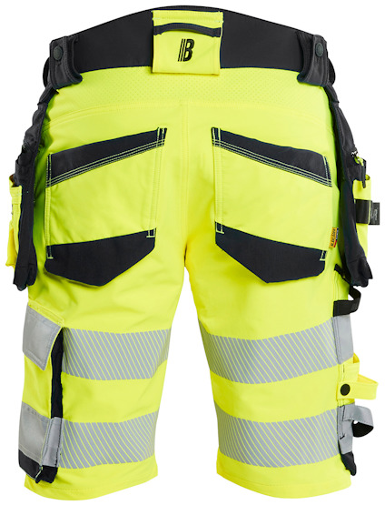 Gula shorts för arbete med svarta fickor och reflexband.