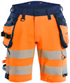 Orange och marinblå shorts med reflexband och flera fickor, inklusive en hängande ficka och ett verktygsbälte.