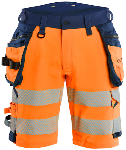 Orange och marinblå shorts med reflexband och flera fickor, inklusive en hängande ficka och ett verktygsbälte.