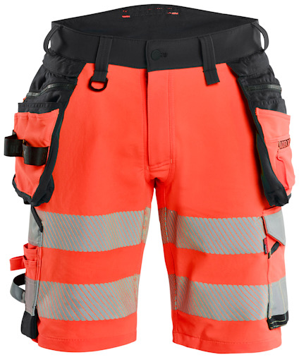 Arbetsshorts i svart och orange med reflexband och flera fickor samt hållare.