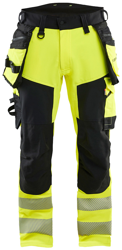 Arbetsbyxa i gul och svart med reflexdetaljer och flera fickor.