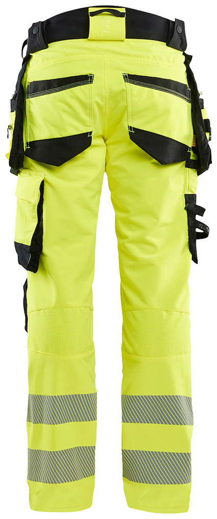 Gula varselbyxor med reflexband och flera fickor, sedda bakifrån.