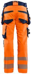 Oranga och mörkblåa arbetsbyxor med reflexband nedtill, sedda bakifrån.