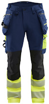Marinblå arbetsbyxor med gula detaljer och reflexband vid knäna.