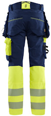 Mörkblå och neongula arbetsbyxor med reflekterande ränder och fickor.