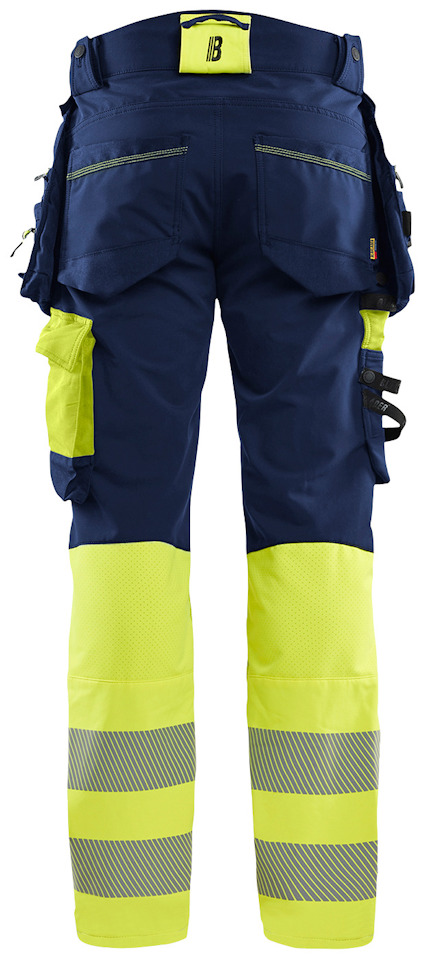 Mörkblå och neongula arbetsbyxor med reflekterande ränder och fickor.