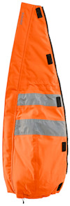 Orange tygpanel med silverfärgade reflexband och svart dragkedja längs sidan.
