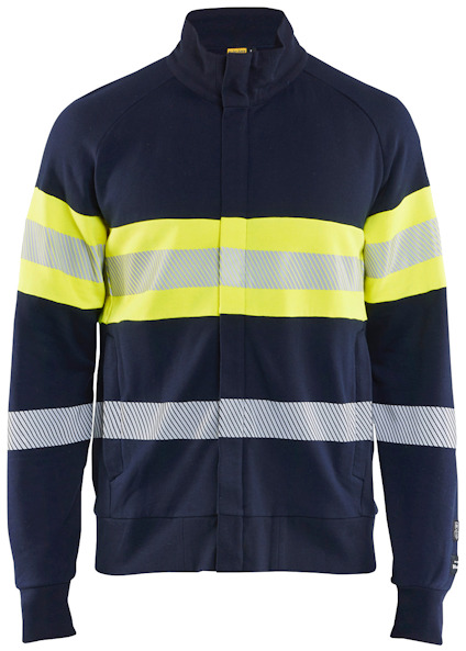 Marinblå sweatshirt med gula och reflexränder över bröst och ärmar. Hög krage och blixtlås fram.