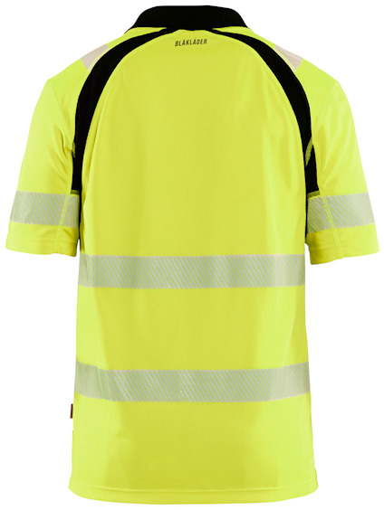 Gul t-shirt med reflexband och svarta detaljer runt ärmar och axlar.