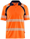 Orange och marinblå pikétröja med reflexband över bröst och ärmar.