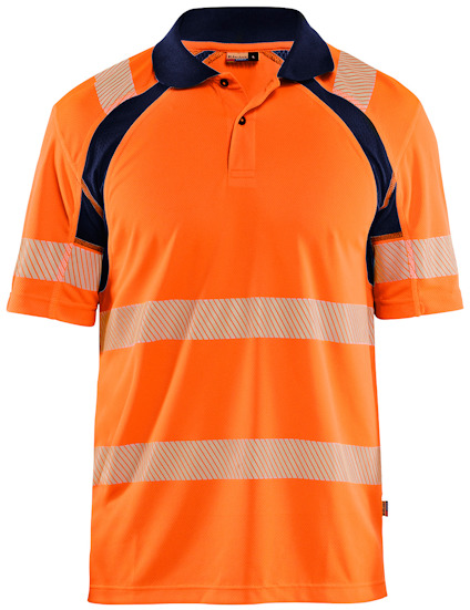 Orange och marinblå pikétröja med reflexband över bröst och ärmar.