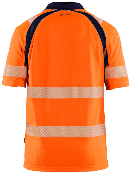 Orange och svart kortärmad tröja med reflekterande ränder. Texten "BLÅKLÄDER" syns på ryggen.