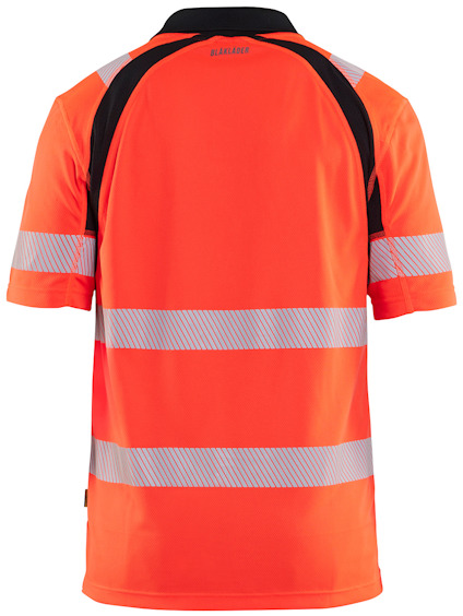 Orange och svart kortärmad tröja med reflekterande ränder och text "BLÅKLÄDER" på ryggen.