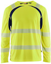 Gul och marinblå långärmad t-shirt med reflexband över axlar, bröst och ärmar.