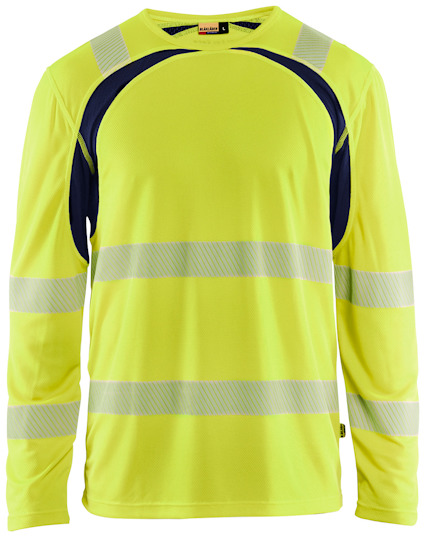 Gul och marinblå långärmad t-shirt med reflexband över axlar, bröst och ärmar.