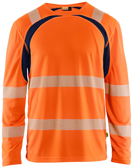 Orange och marinblå långärmad tröja med reflexband på ärmar och kropp.
