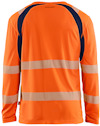 Orange tröja med långa ärmar, reflekterande silverstreck och mörkblå detalj på axlarna. Märkt "Blåkläder" upptill.