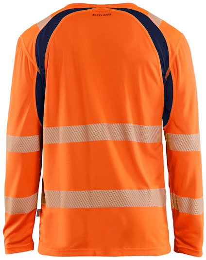 Orange tröja med långa ärmar, reflekterande silverstreck och mörkblå detalj på axlarna. Märkt "Blåkläder" upptill.