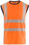 Ärmlöst orange linne med marinblå kanter och reflekterande grå band horisontellt och vertikalt.