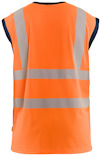 Orange reflexväst med gråa reflexband, sedd bakifrån.