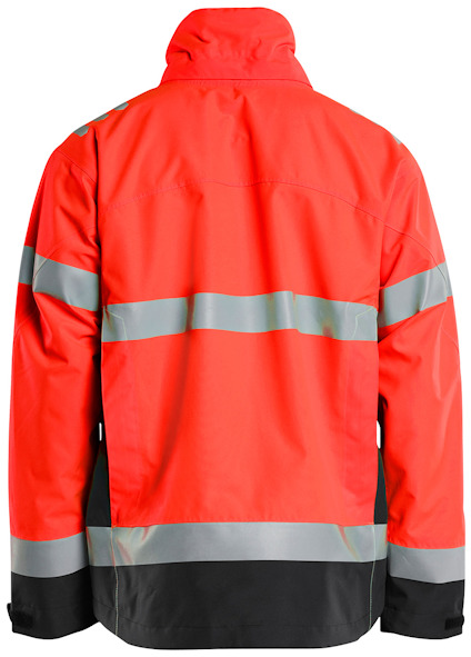 Orange arbetsjacka med reflekterande ränder och svarta detaljer, sedd bakifrån.