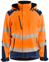 Orange och marinblå jacka med reflekterande ränder och fickor, huva och blixtlås framtill.