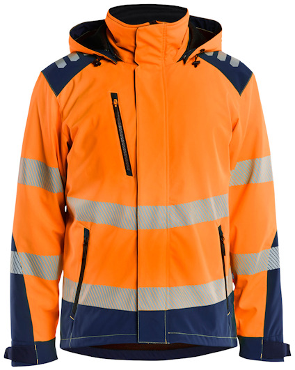 Orange och marinblå jacka med reflekterande ränder och fickor, huva och blixtlås framtill.